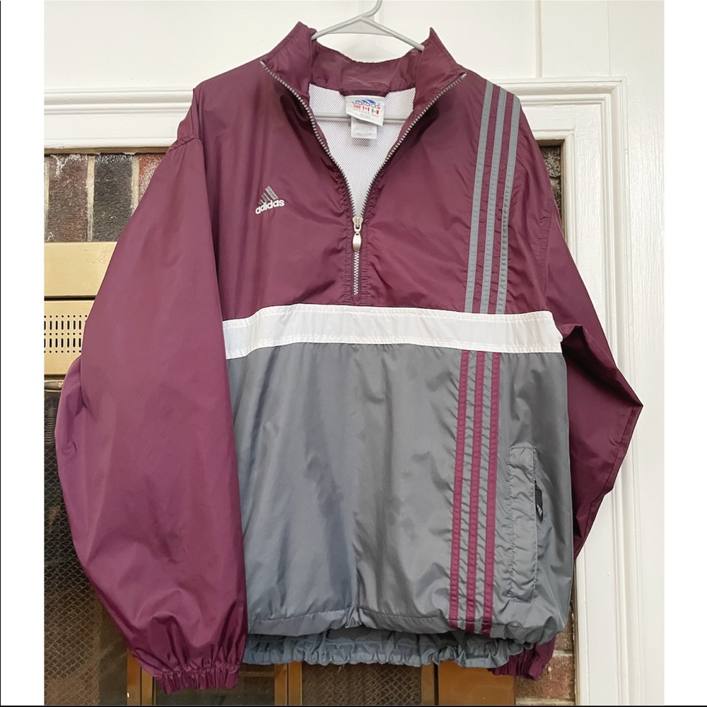 Adidas Men’s burgundy, grey & white quarter zip windbreaker size medium